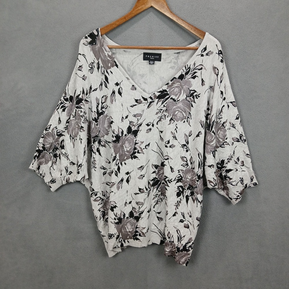 Premise Shirt Womens 1X White Rayon Floral Knit Ribbed Kimono Sleeve V Neck